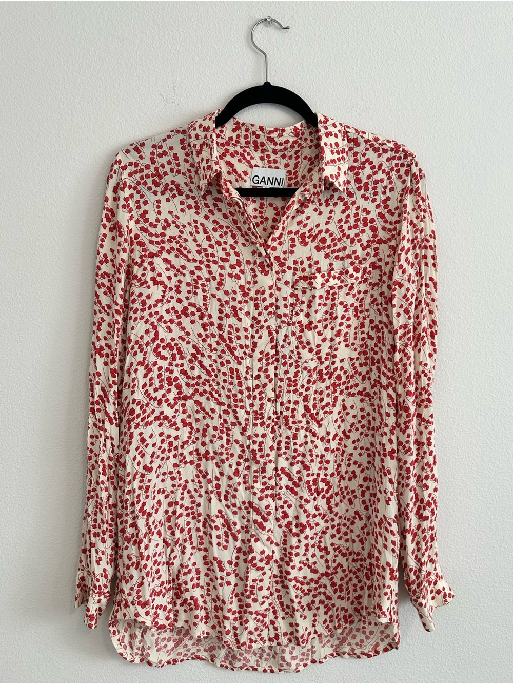 GANNI White Red Floral Printed Crepe Button Down Long Sleeve Shirt Size US 6